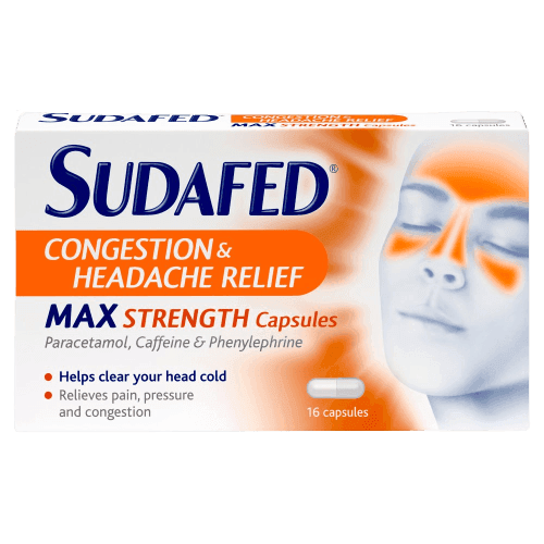 Sudafed Max Strength Congestion & Headache Relief, 16 Capsules - Silverline Pharmacy Surulere, Lagos