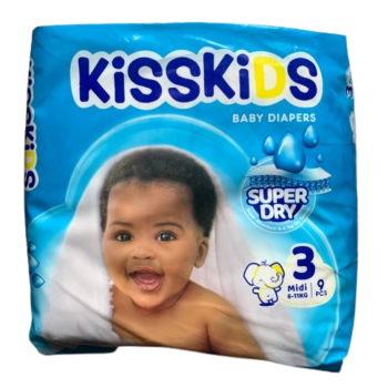 Kisskids Baby Diapers Super Dry Size 3 Midi (6-11kg), 9 Pieces - Silverline Pharmacy Surulere, Lagos