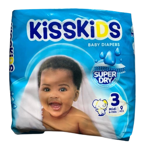 Kisskids Baby Diapers Super Dry Size 3 Midi (6-11kg), 9 Pieces - Silverline Pharmacy Surulere, Lagos